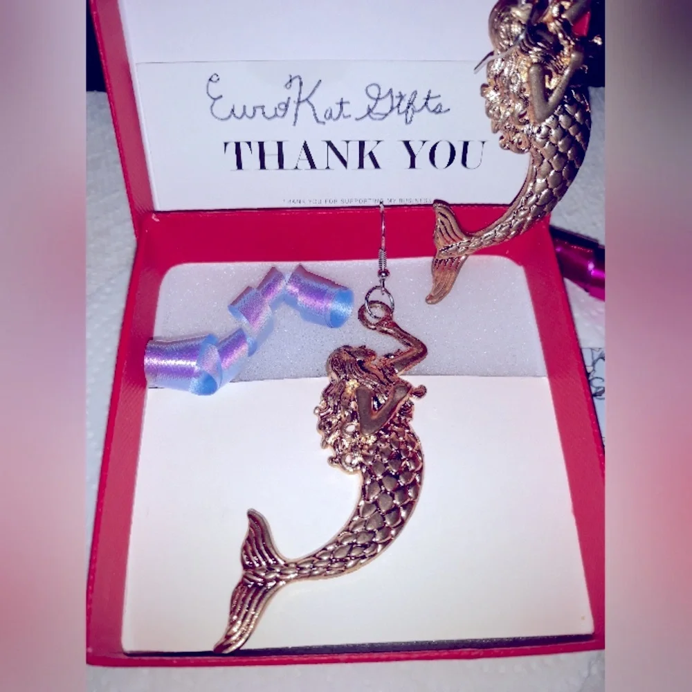 Gold Mermaid Dangle Earrings Hand Crafted NEW